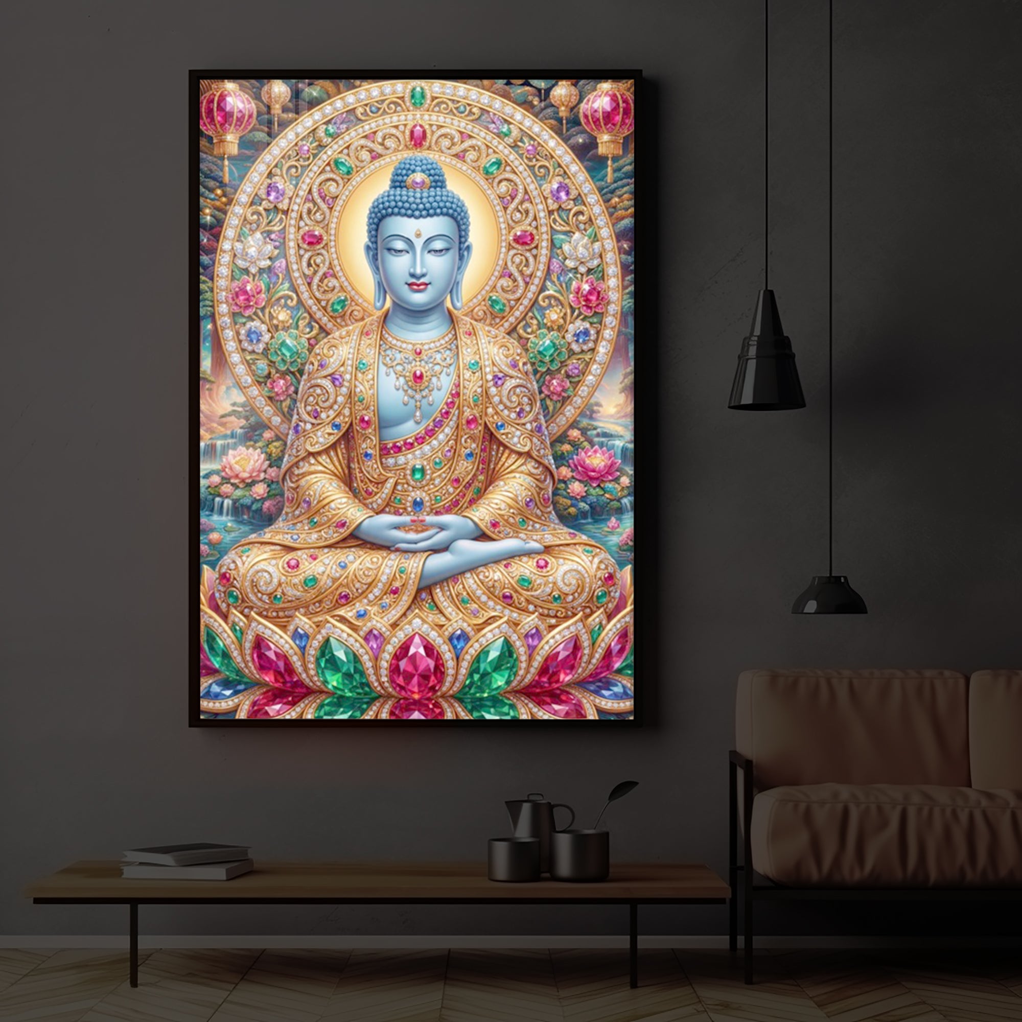 Buddha Blessing Modern Luxury Backlight Vertical Wall Art