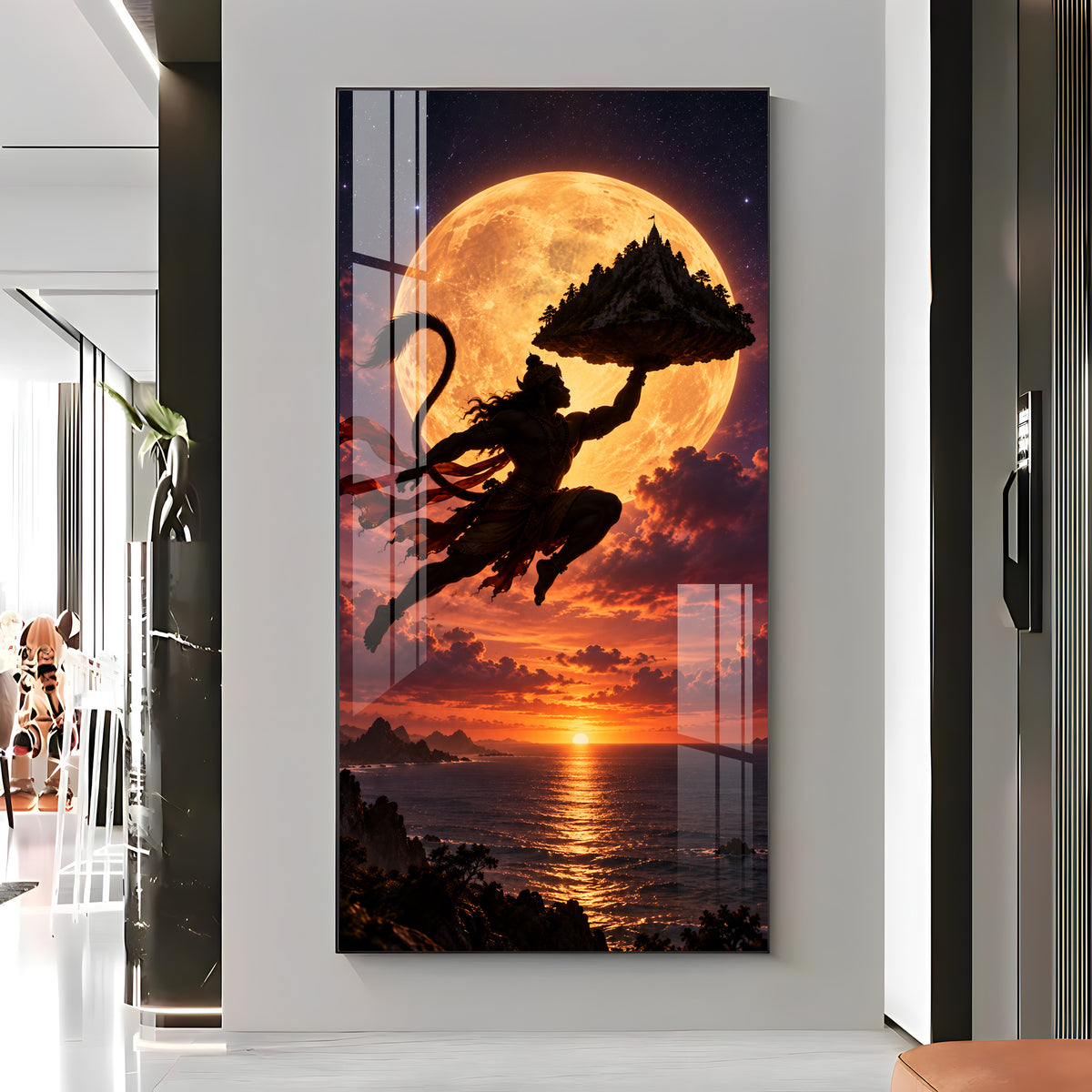Hanuman Flying With Mountain Premium Acrylic Vertical Wall Art