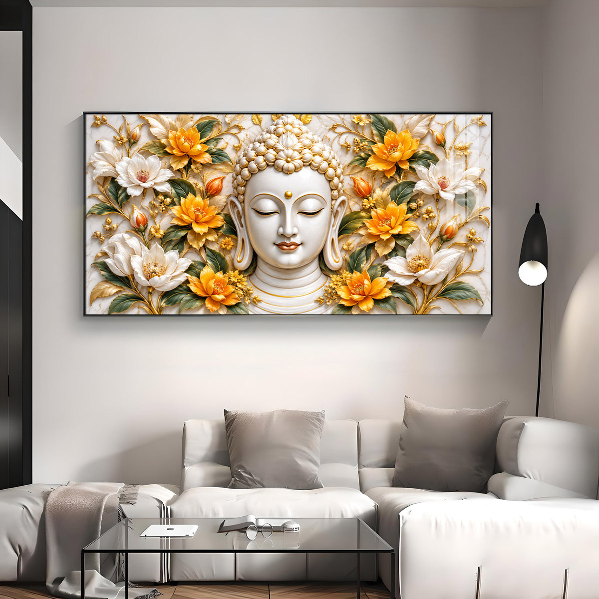 Buddha With Golden White Blossom Premium Acrylic Horizontal Wall Art