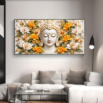 Buddha With Golden White Blossom Premium Acrylic Horizontal Wall Art