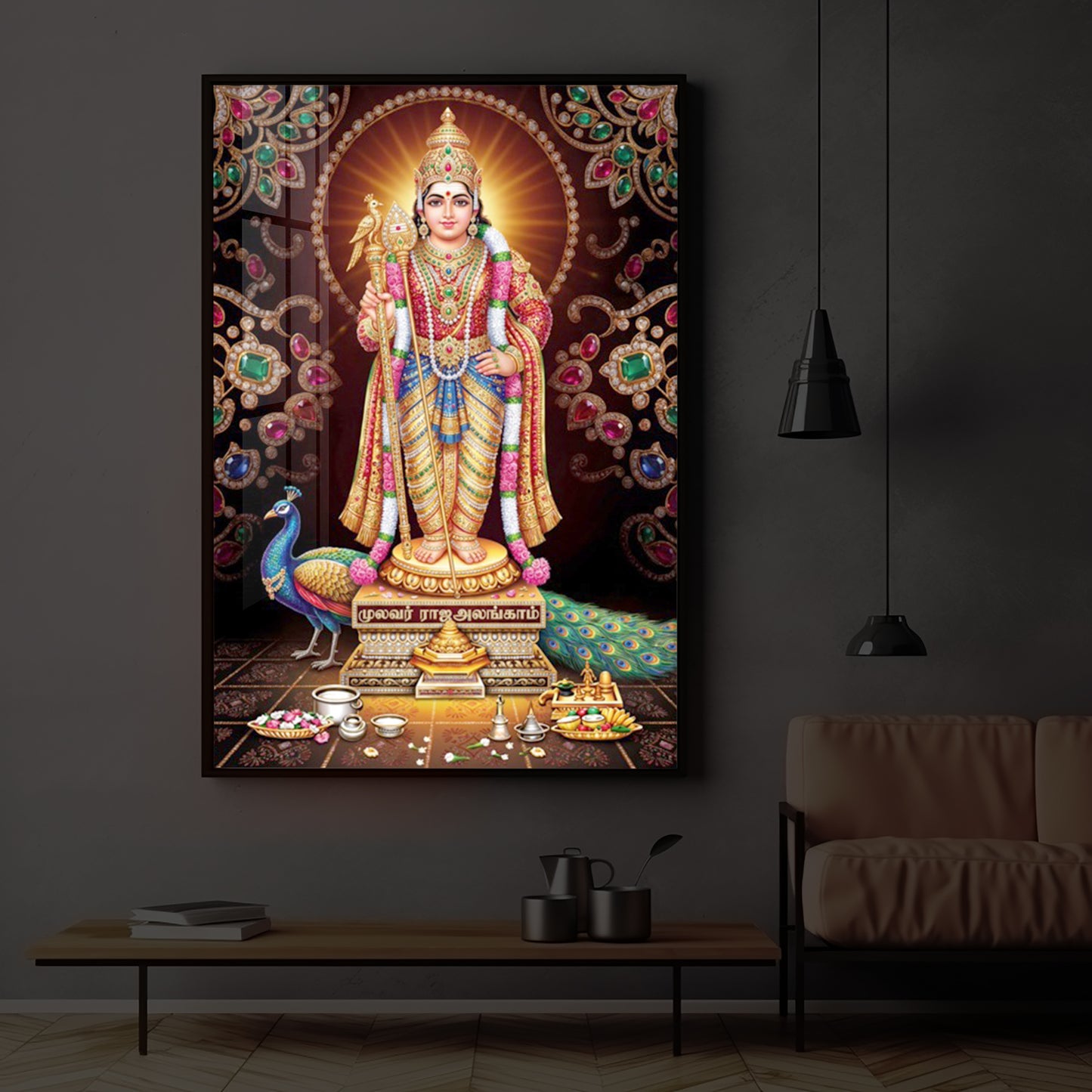 Lord Murugan With Peacock Modern Luxury Backlight Vertical Wall Art