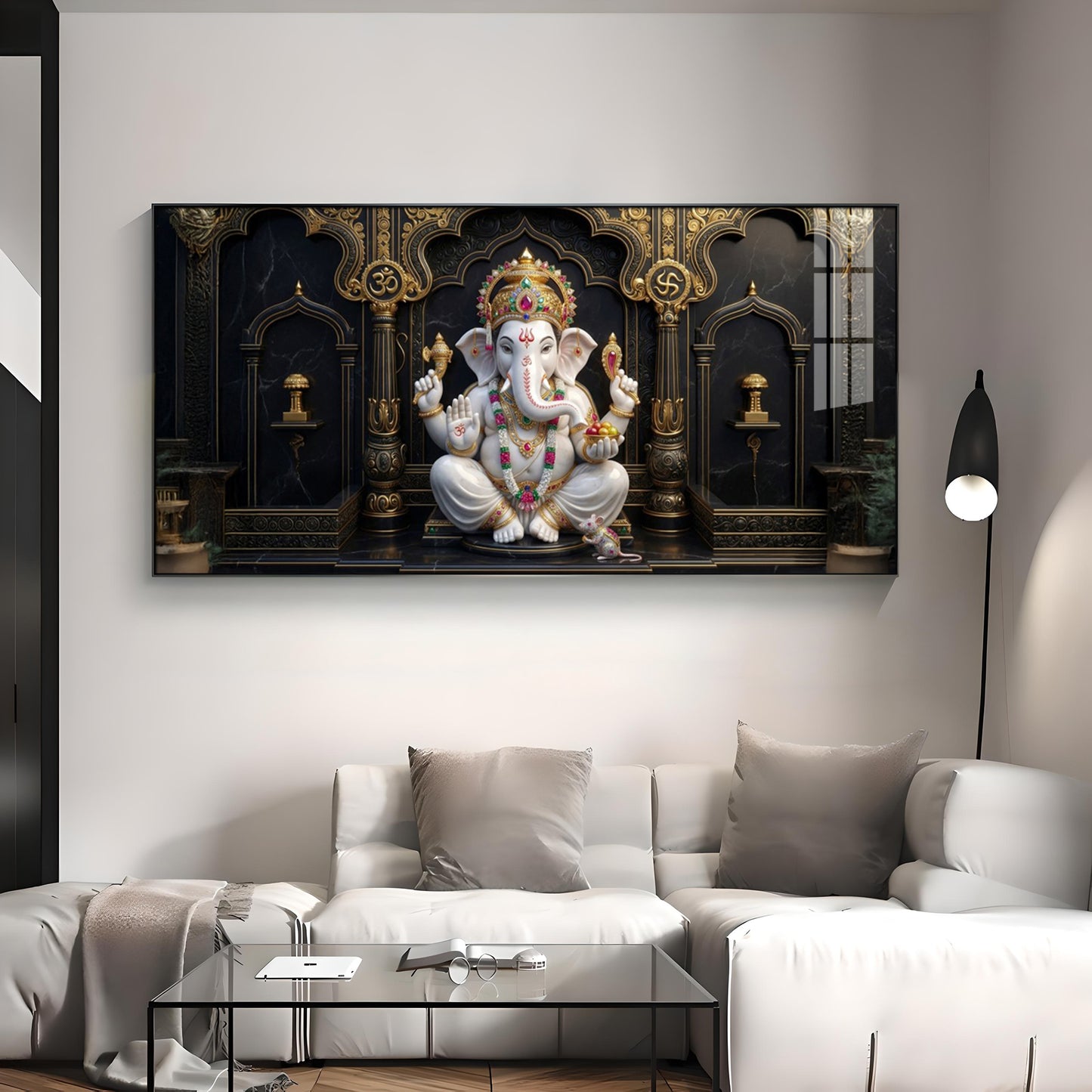 White & Gold Lord Ganesha Premium Acrylic Horizontal Wall Art