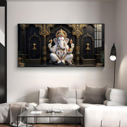 White & Gold Lord Ganesha Premium Acrylic Horizontal Wall Art