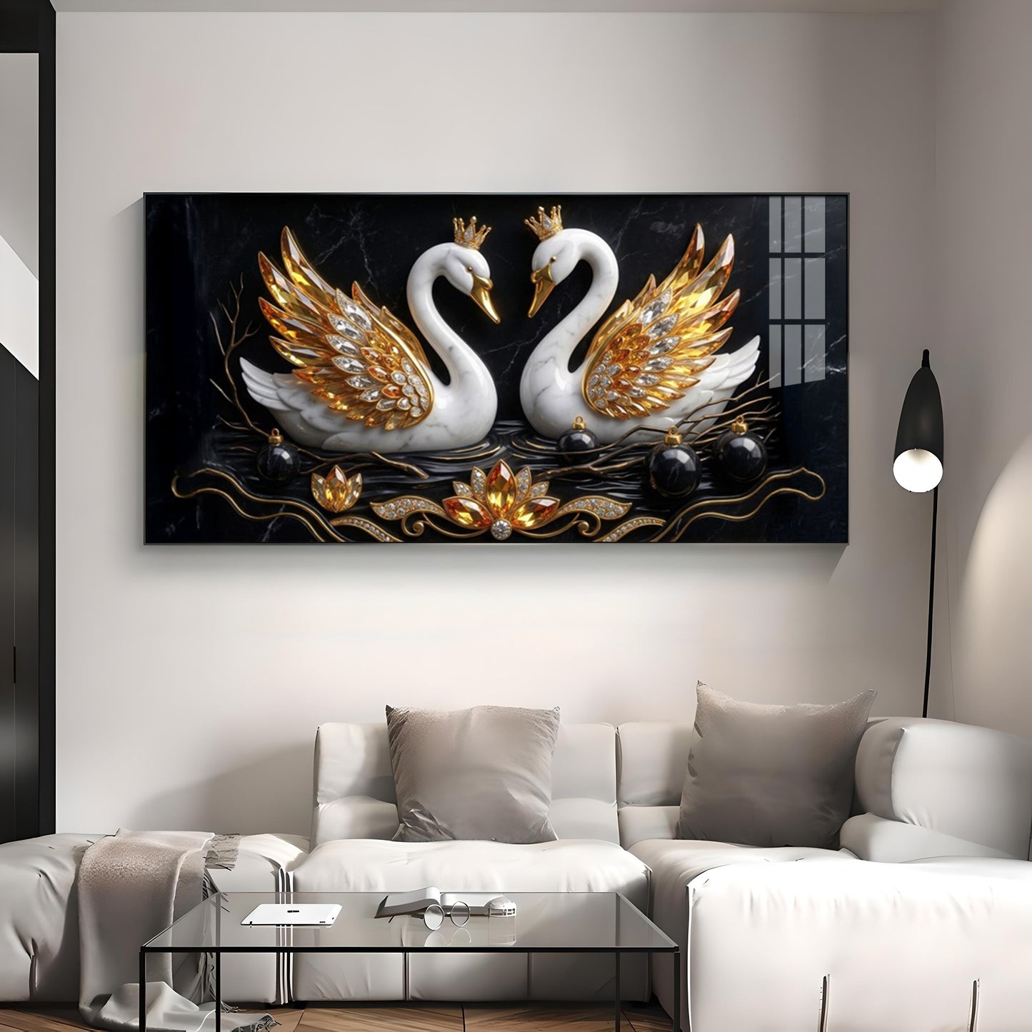 Golden Elegance Swans Premium Acrylic Horizontal  Wall Art