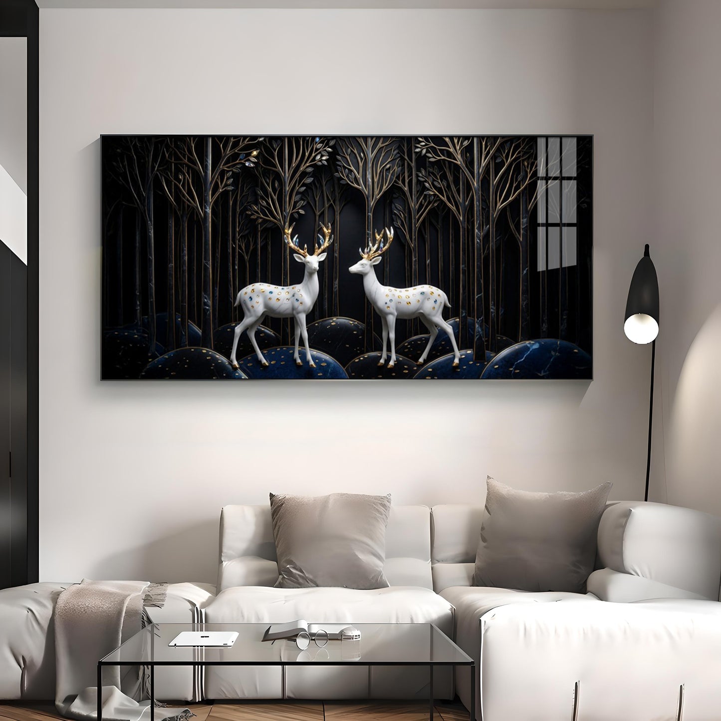 Two White Deer With Golden Antlers Premium Acrylic Horizontal Wall Art