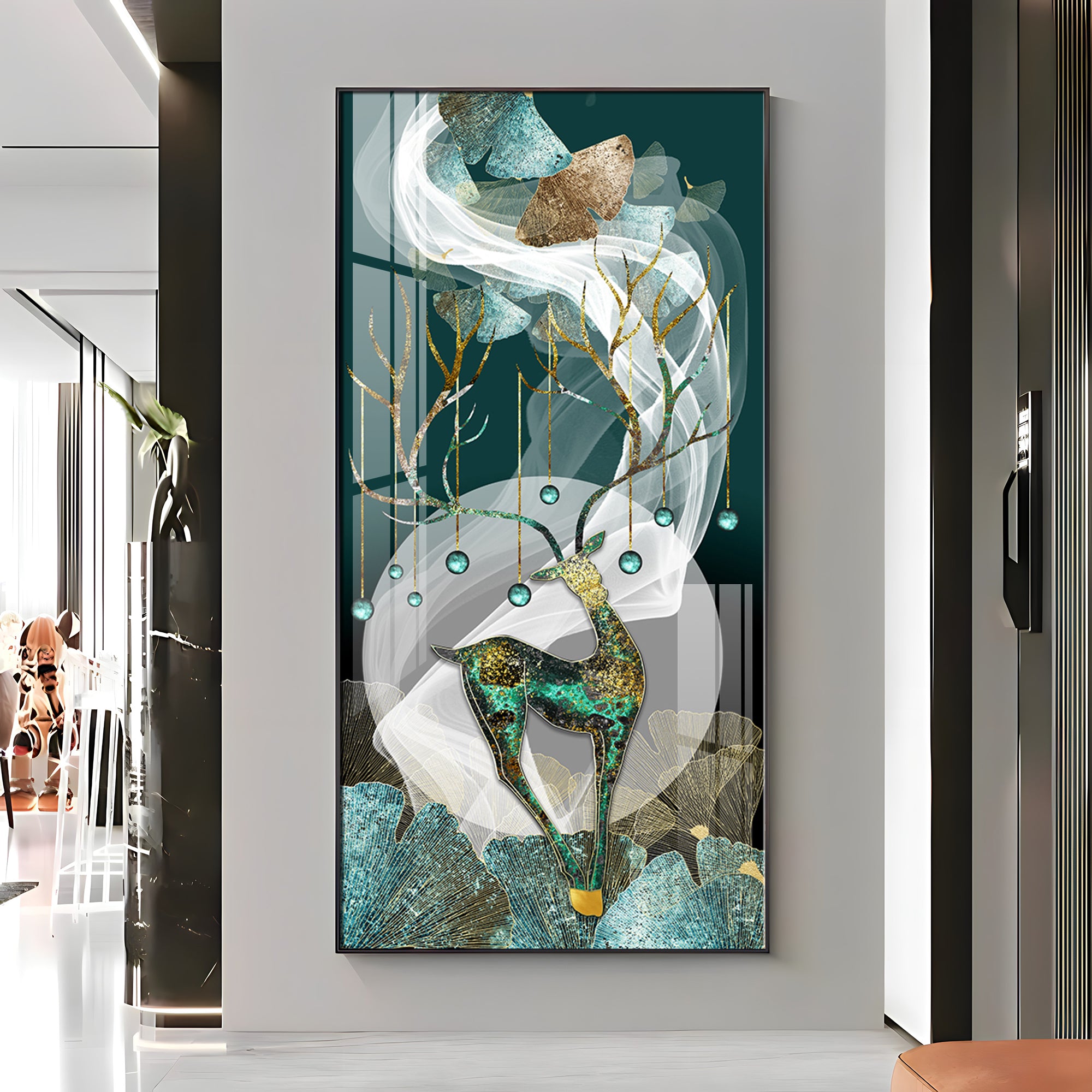 Deer With Dark Green Background Premium Acrylic Vertical Wall Art
