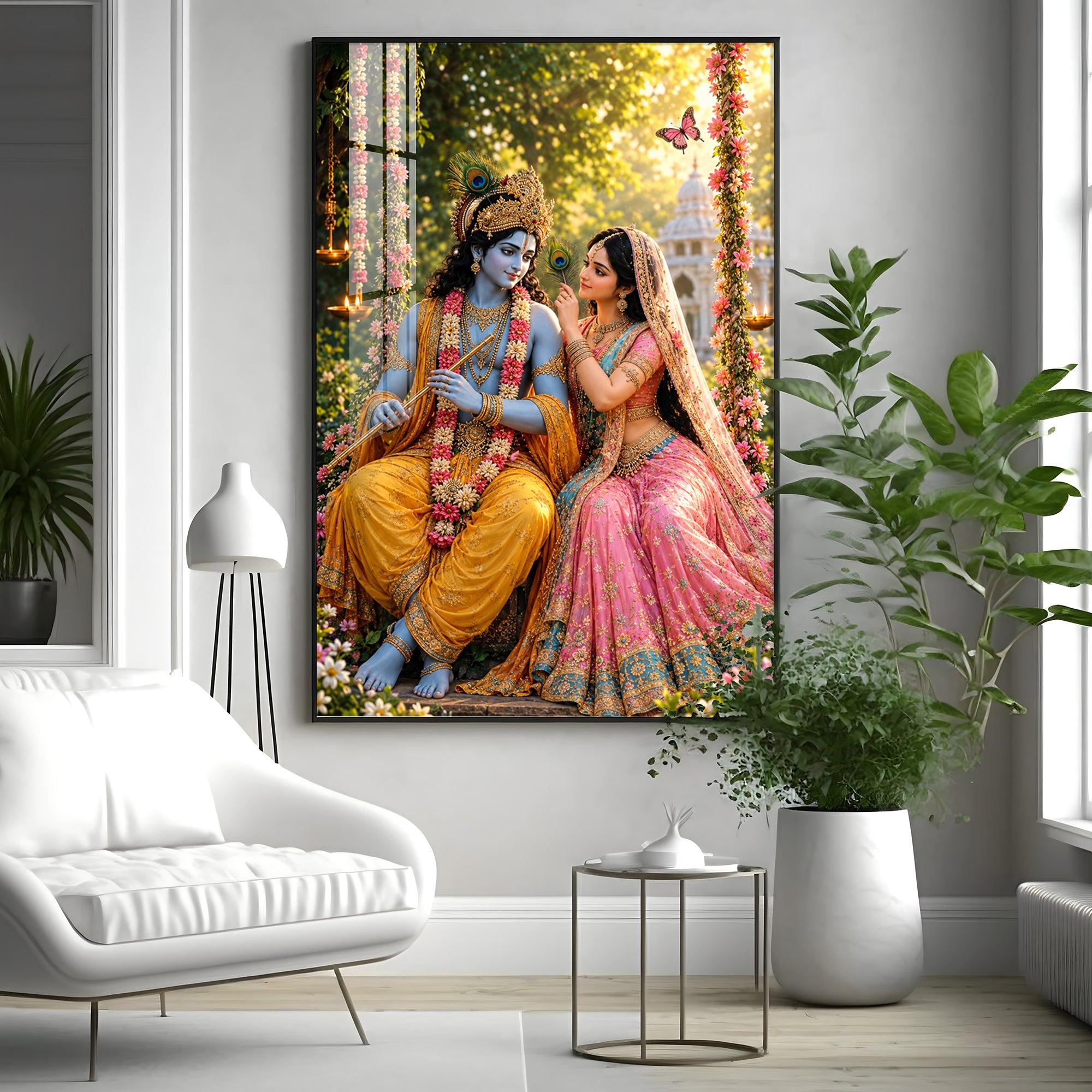 Lord Krishna Holding A Flute With Radha Premium Acrylic Vertical Wall Art