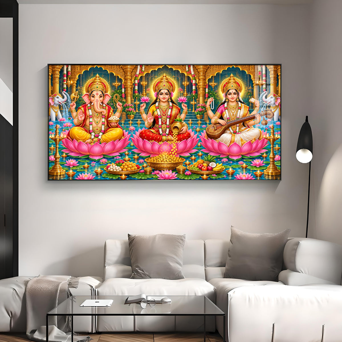 Divine Lord Ganesha, Goddess Lakshmi, and Goddess Saraswati Premium Acrylic Horizontal Wall Art