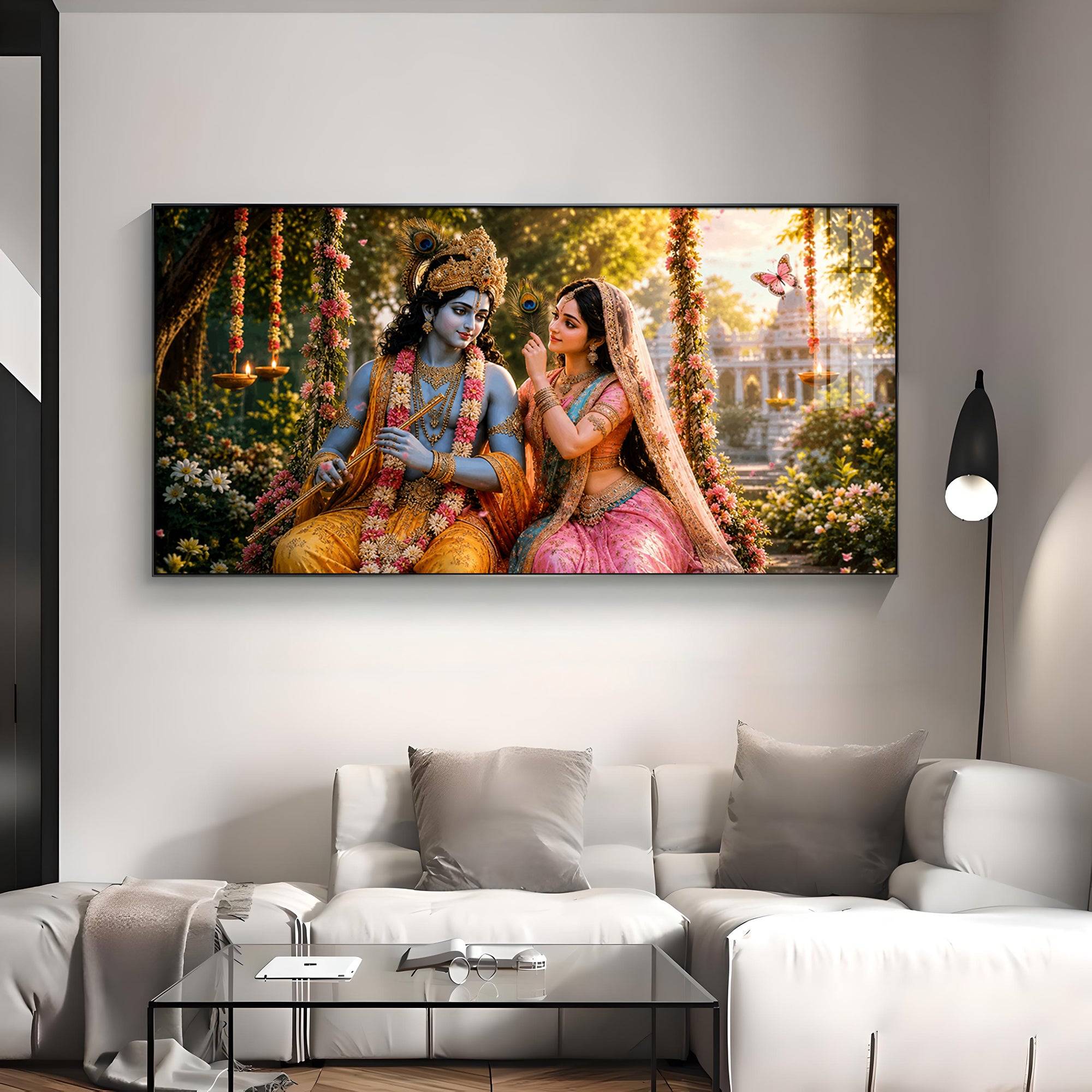 Krishna With Radha Seated Together Premium Acrylic Horizontal Wall Art