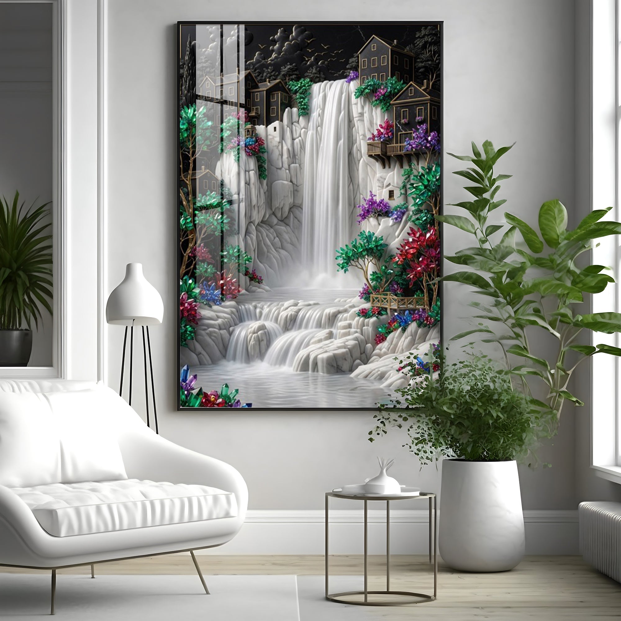 Waterfall Surrounded By Houses Premium Acrylic Vertical Wall Art