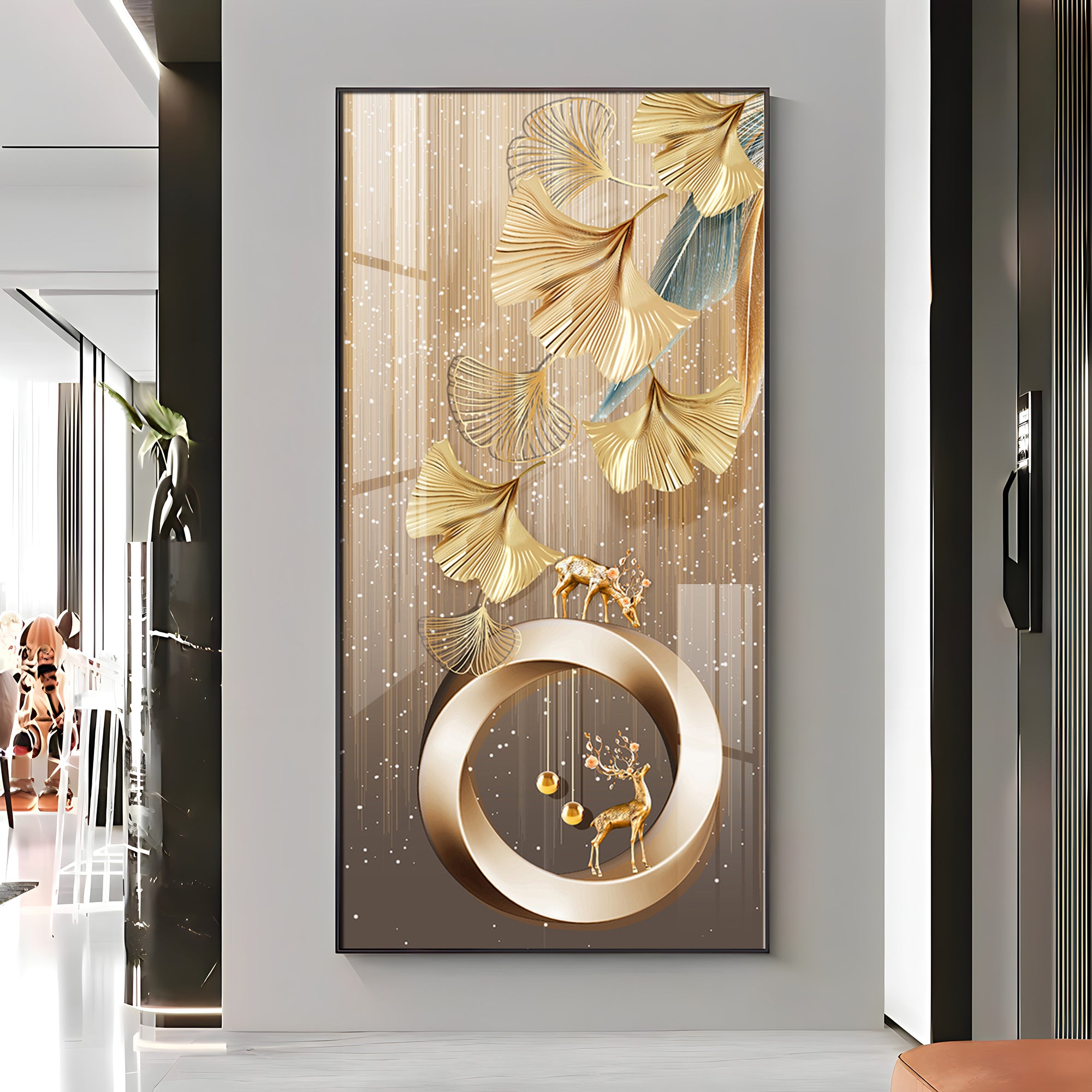 Golden Deer With Leaf Premium Acrylic Vertical Wall Art