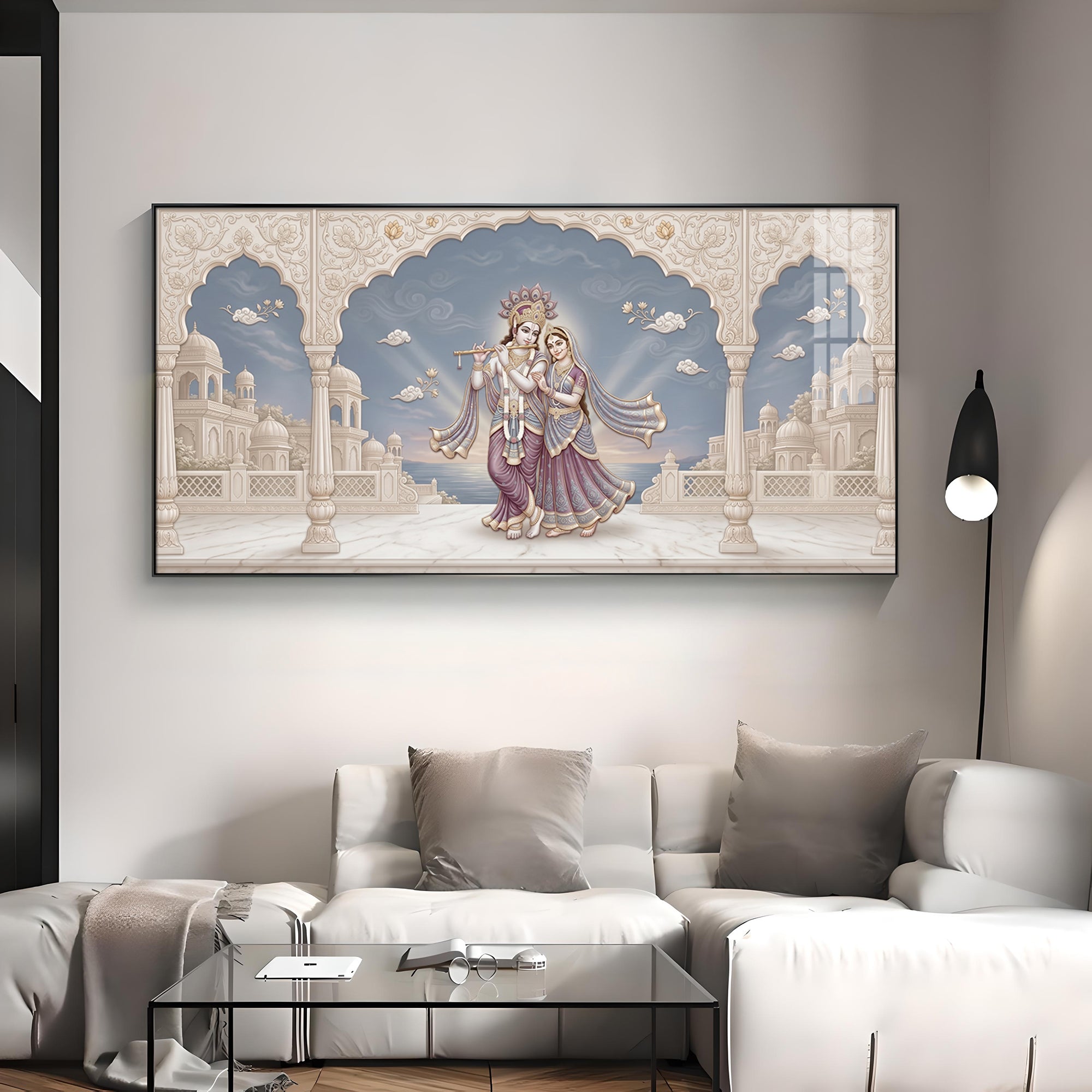 Shri Krishna Playing Flute With Radha Premium Acrylic Horizontal Wall Art