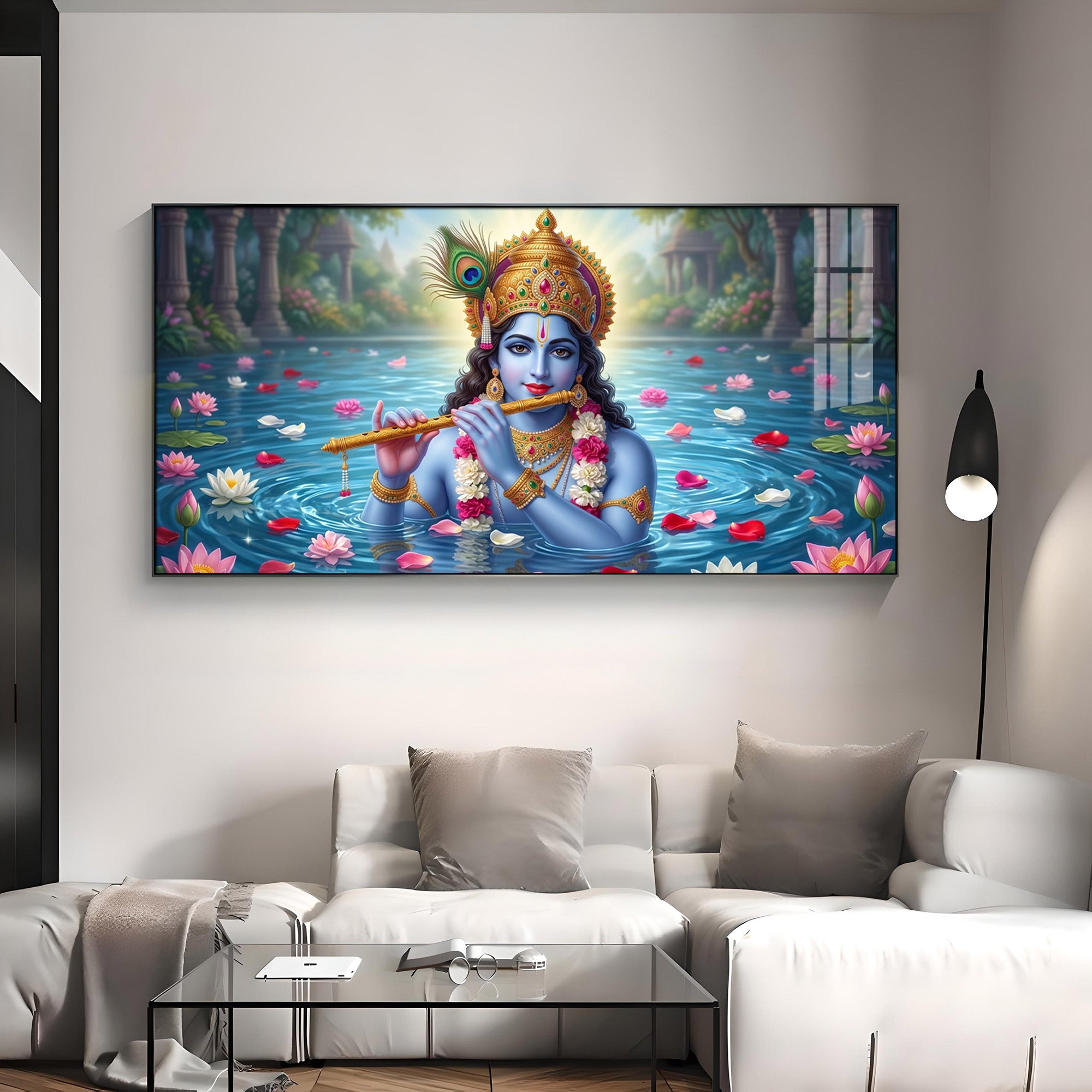 Krishna With Flute Under Pond Premium Acrylic Horizontal Wall Art