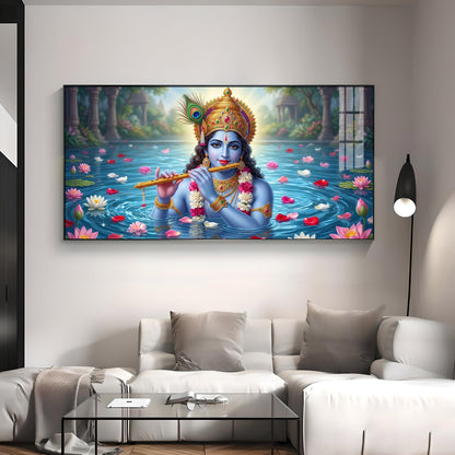 Krishna With Flute Under Pond Premium Acrylic Horizontal Wall Art