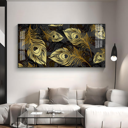 Black & Gold Feather Premium Acrylic Horizontal Wall Art