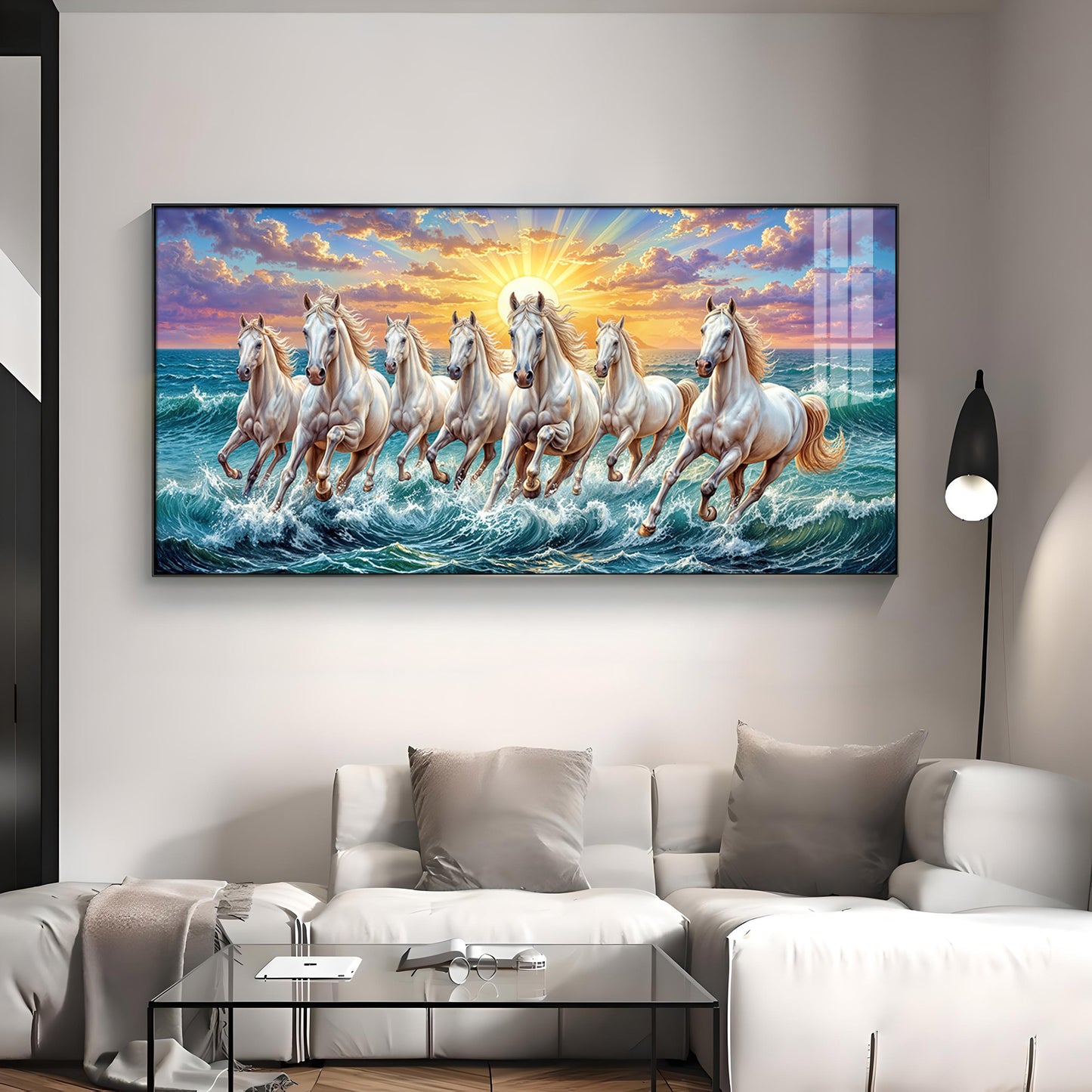 7 Running Horses Galloping Across Water Premium Acrylic Horizontal Wall Art