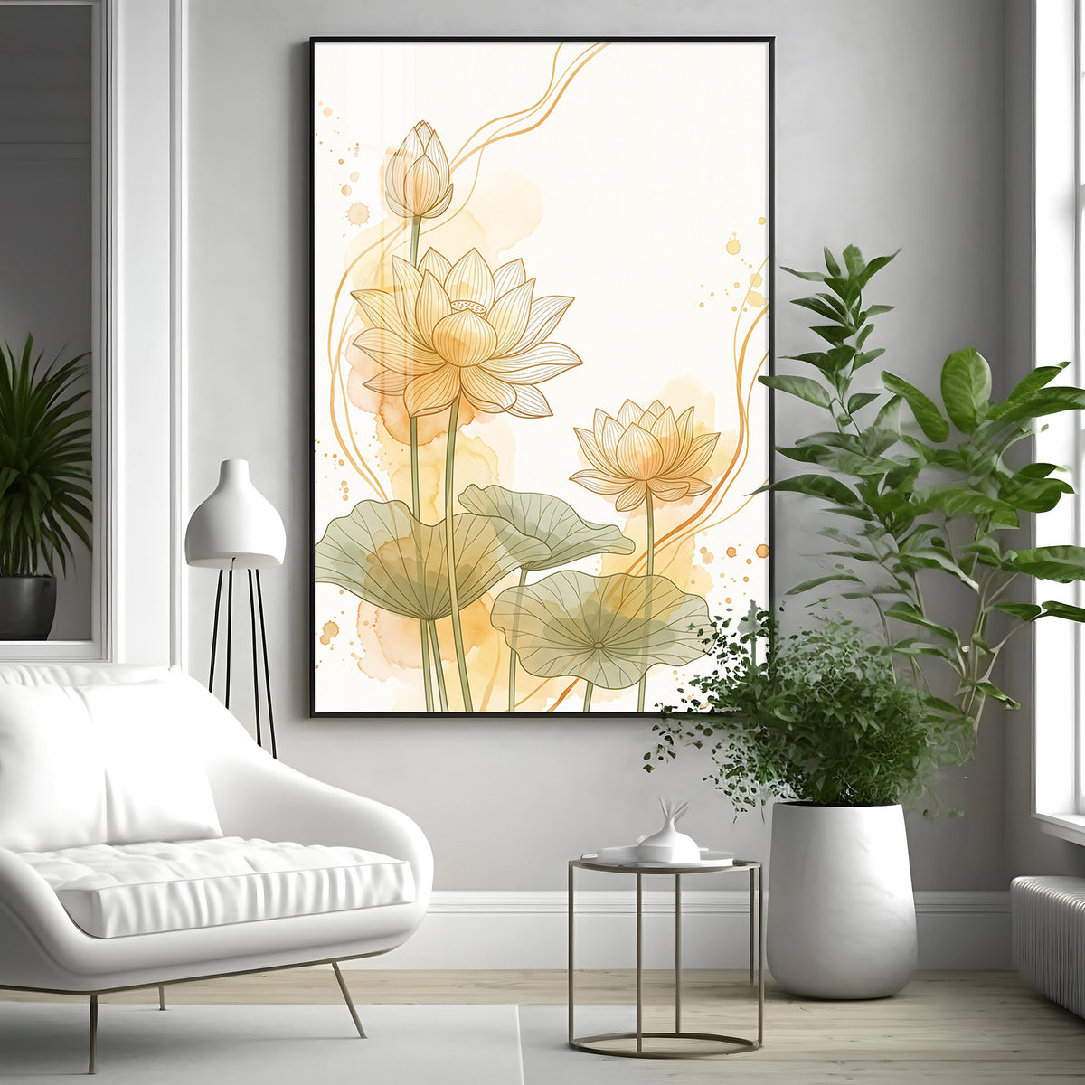 Golden Lotus Line Art Premium Acrylic Vertical Wall Art