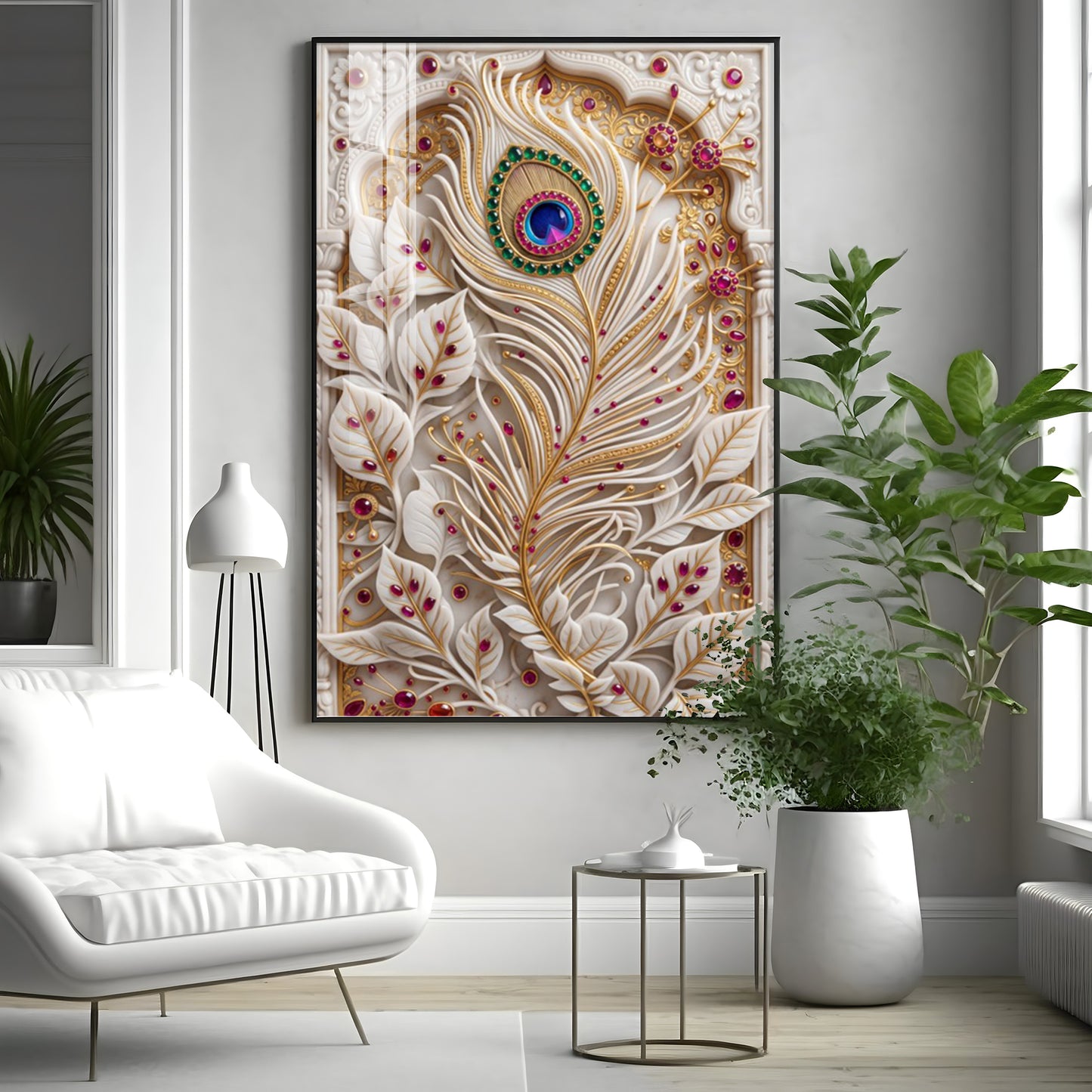 White Peacock Feather Premium Acrylic Vertical Wall Art