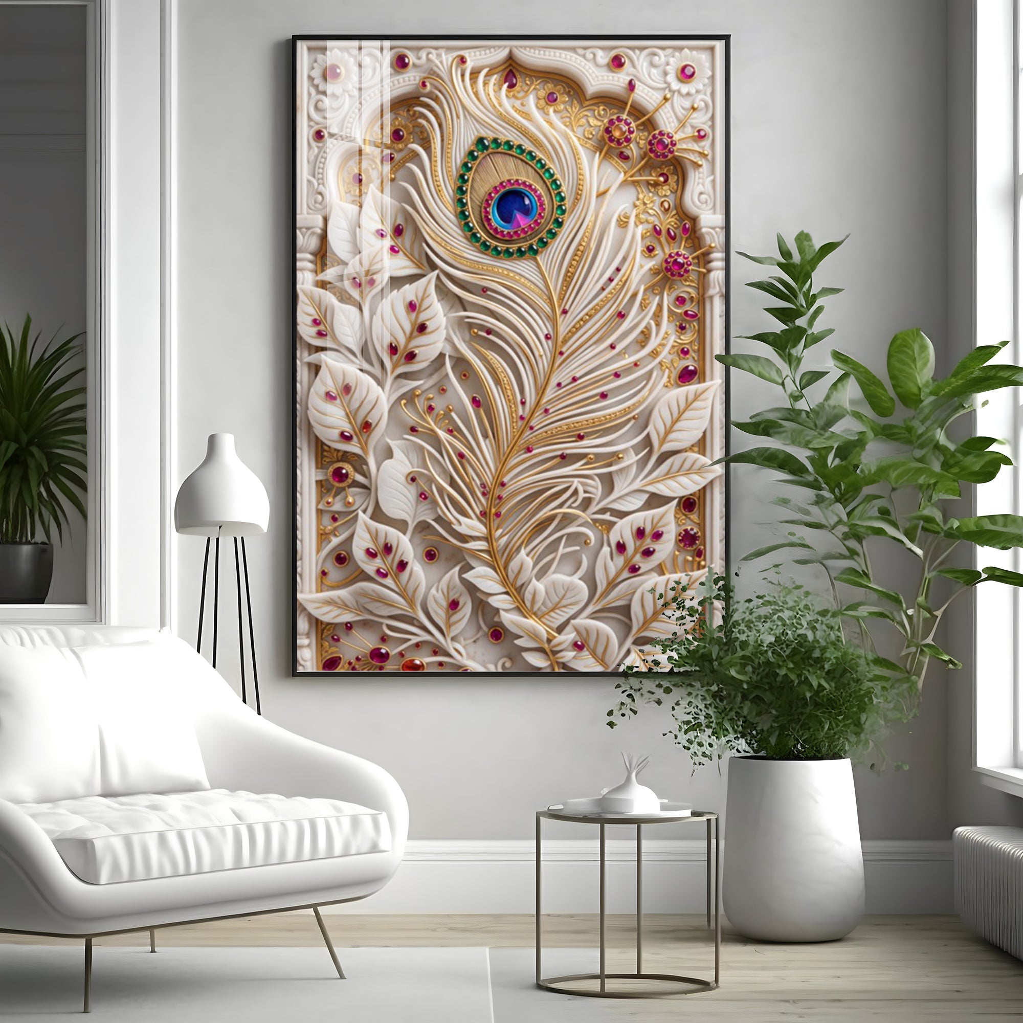 White Peacock Feather Premium Acrylic Vertical Wall Art