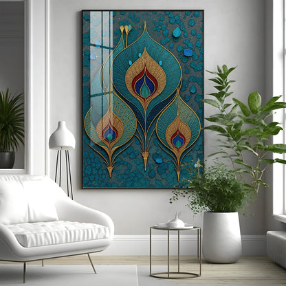 Three Ornate Peacock Feather Premium Acrylic Vertical Wall Art