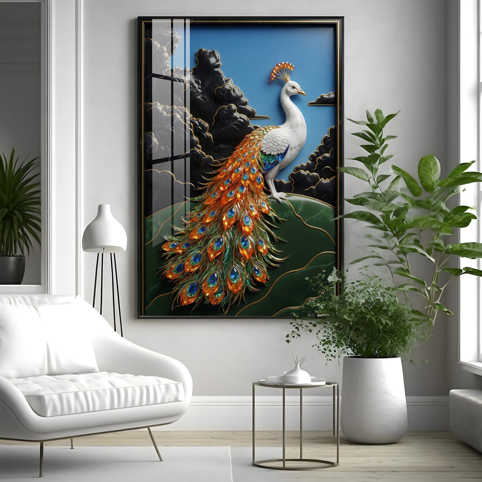 White Peacock Premium Acrylic Vertical Wall Art