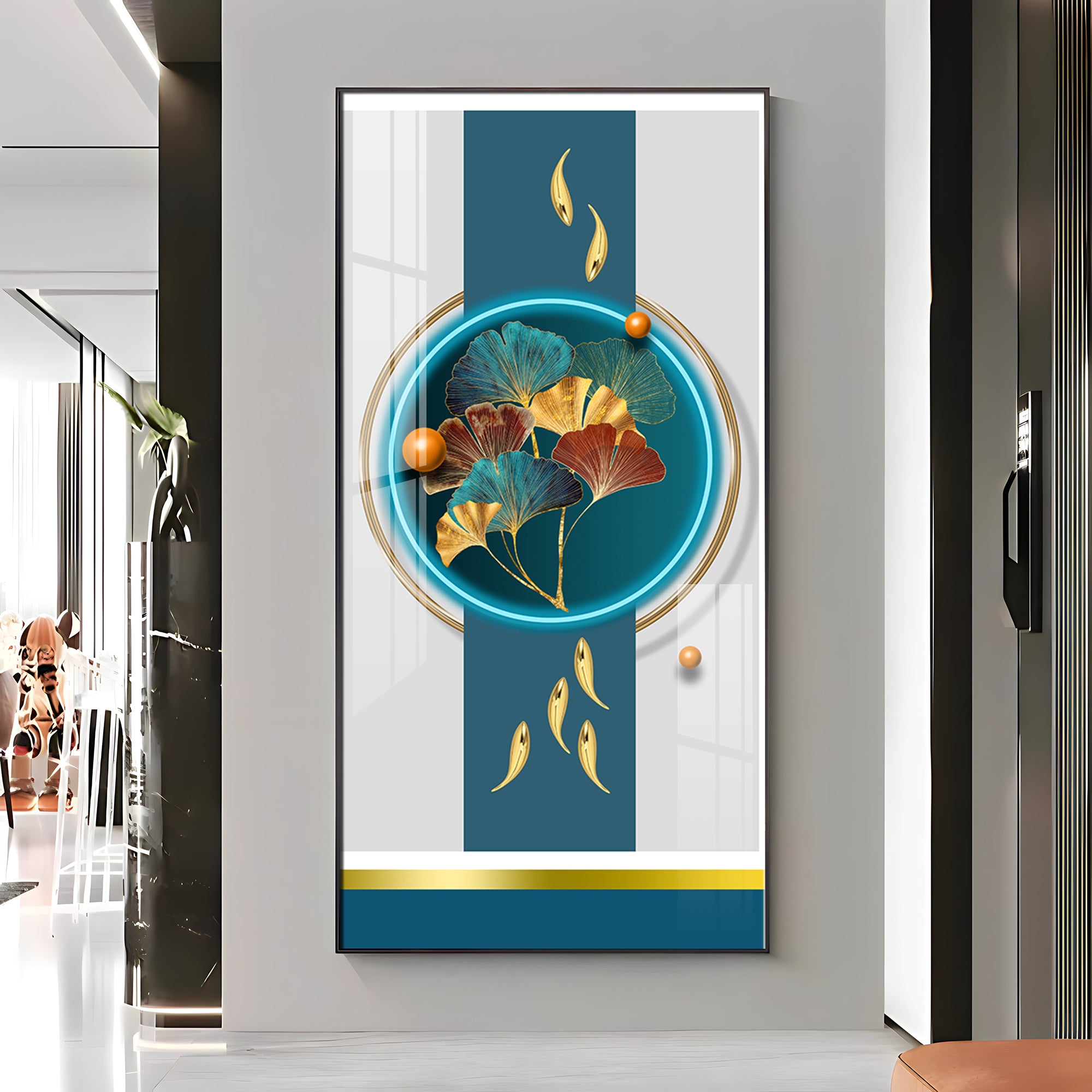 Gold Fish  With Ginkgo Leaf Premium Acrylic Vertical Wall Art