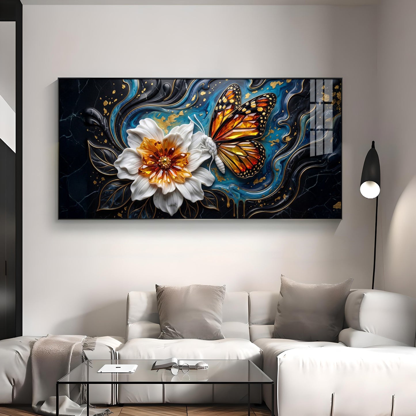 Butterfly Blossom With White Flower Premium Acrylic Horizontal Wall Art