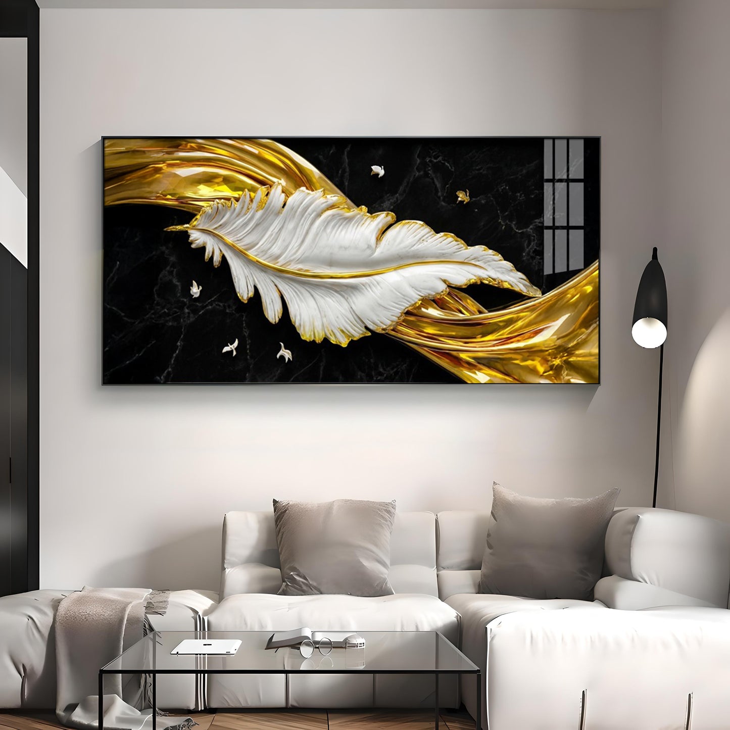 White & Gold Feather Premium Acrylic Horizontal Wall Art