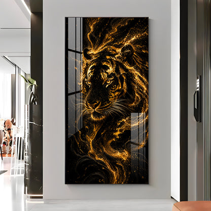 Majestic Golden Fire Tiger Premium Acrylic Vertical Wall Art