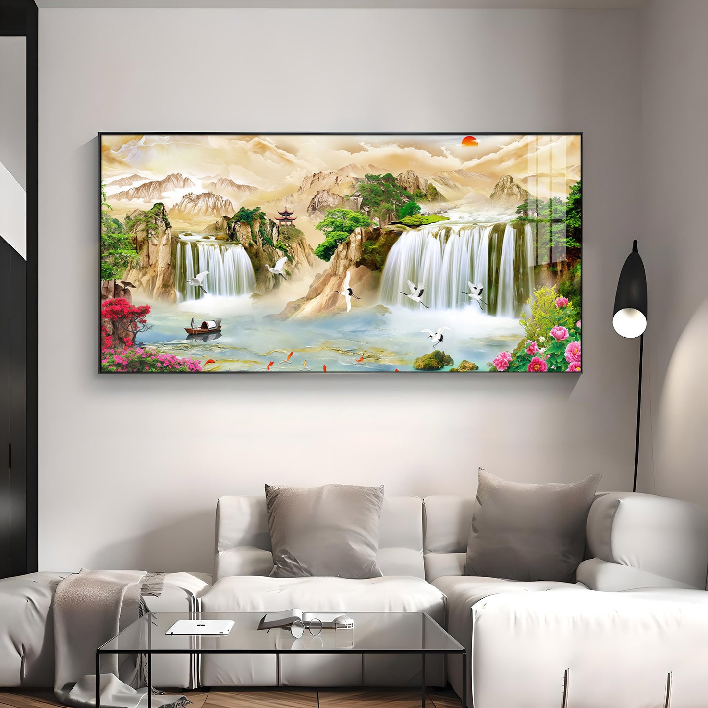 Serene Landscape With Cranes & Flowers Premium Acrylic Horizontal Wall Art
