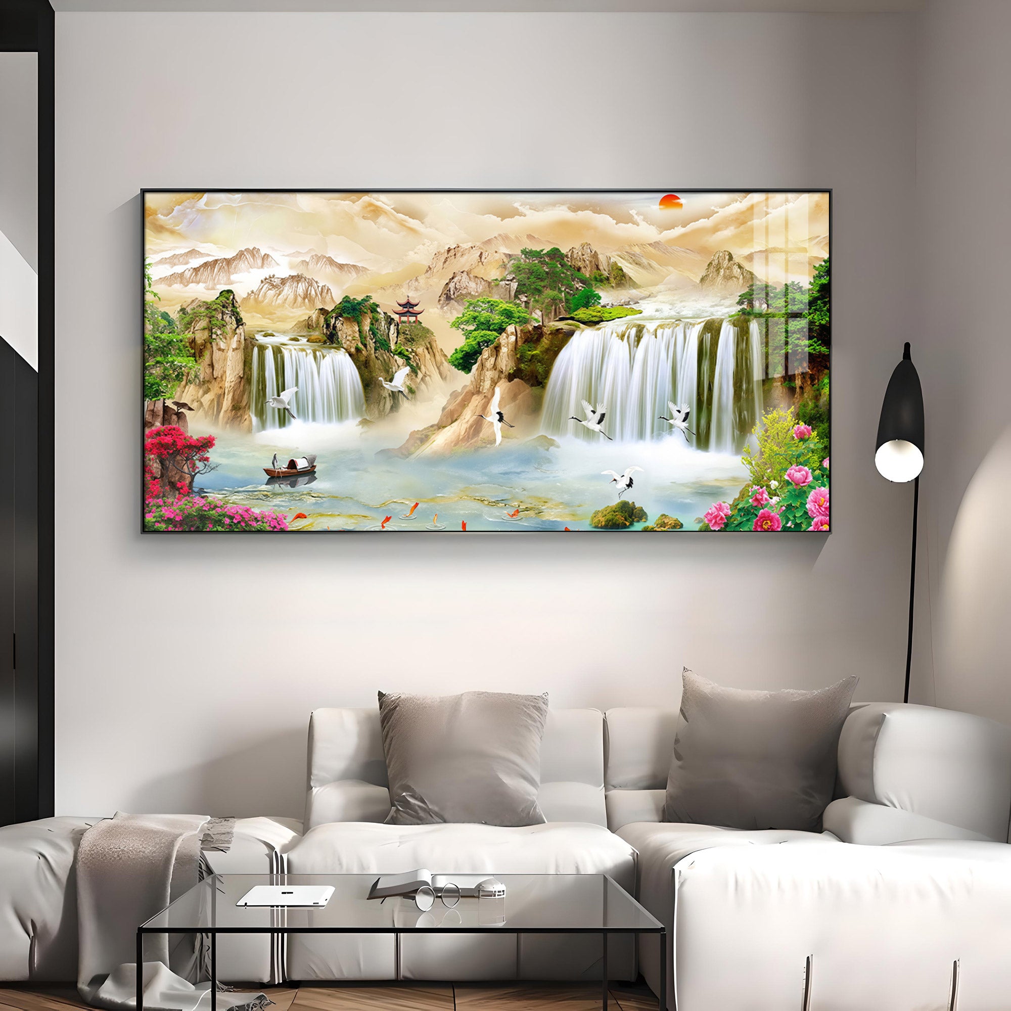 Serene Landscape With Cranes & Flowers Premium Acrylic Horizontal Wall Art