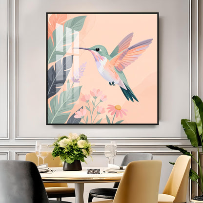 Hummingbird In Flight & Flowers Premium Acrylic Square Wall Art