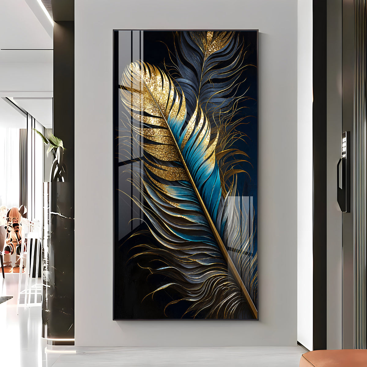 Luxurious Golden & Blue Feathers Premium Acrylic Vertical Wall Art