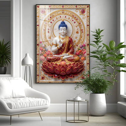 Divine Serenity Buddha On Red Lotus Premium Acrylic Vertical Wall Art
