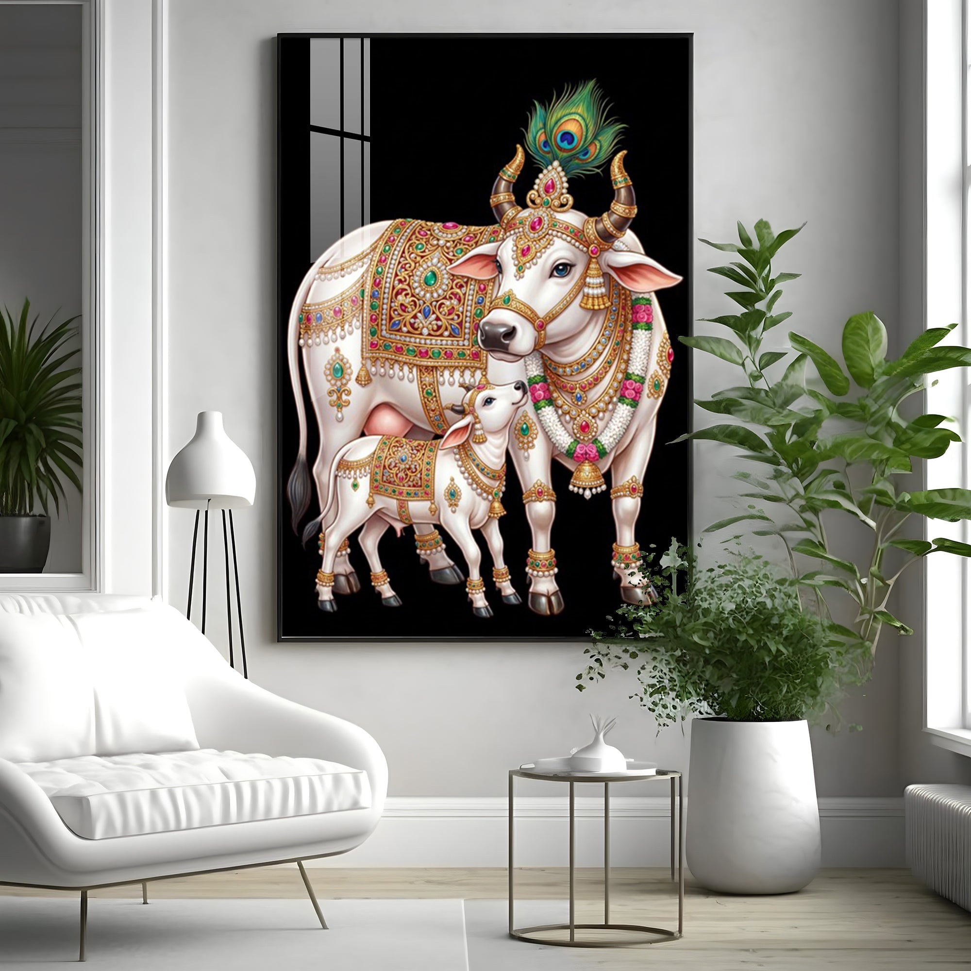 Kamdhenu Cow With Calf Premium Acrylic Vertical Wall Art
