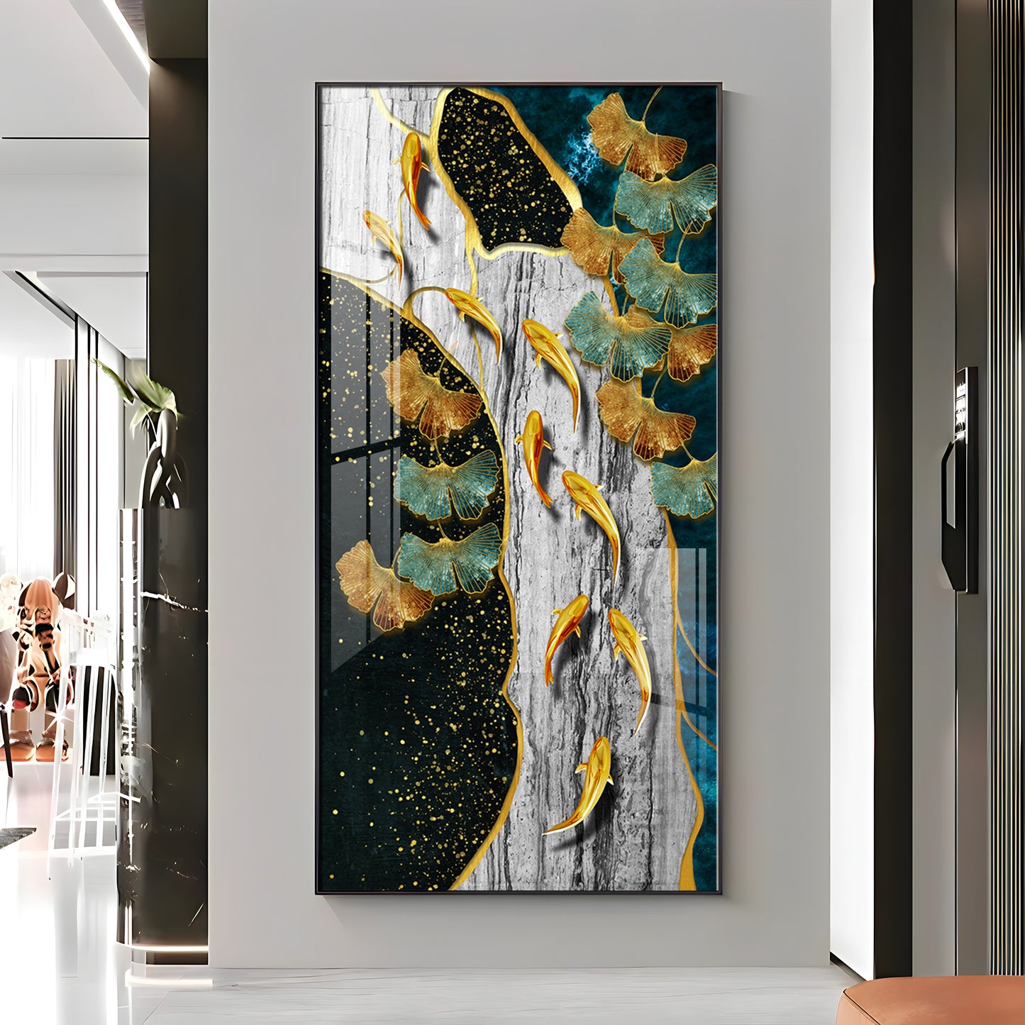 Gold Fish & Feathers Premium Acrylic Vertical Wall Art