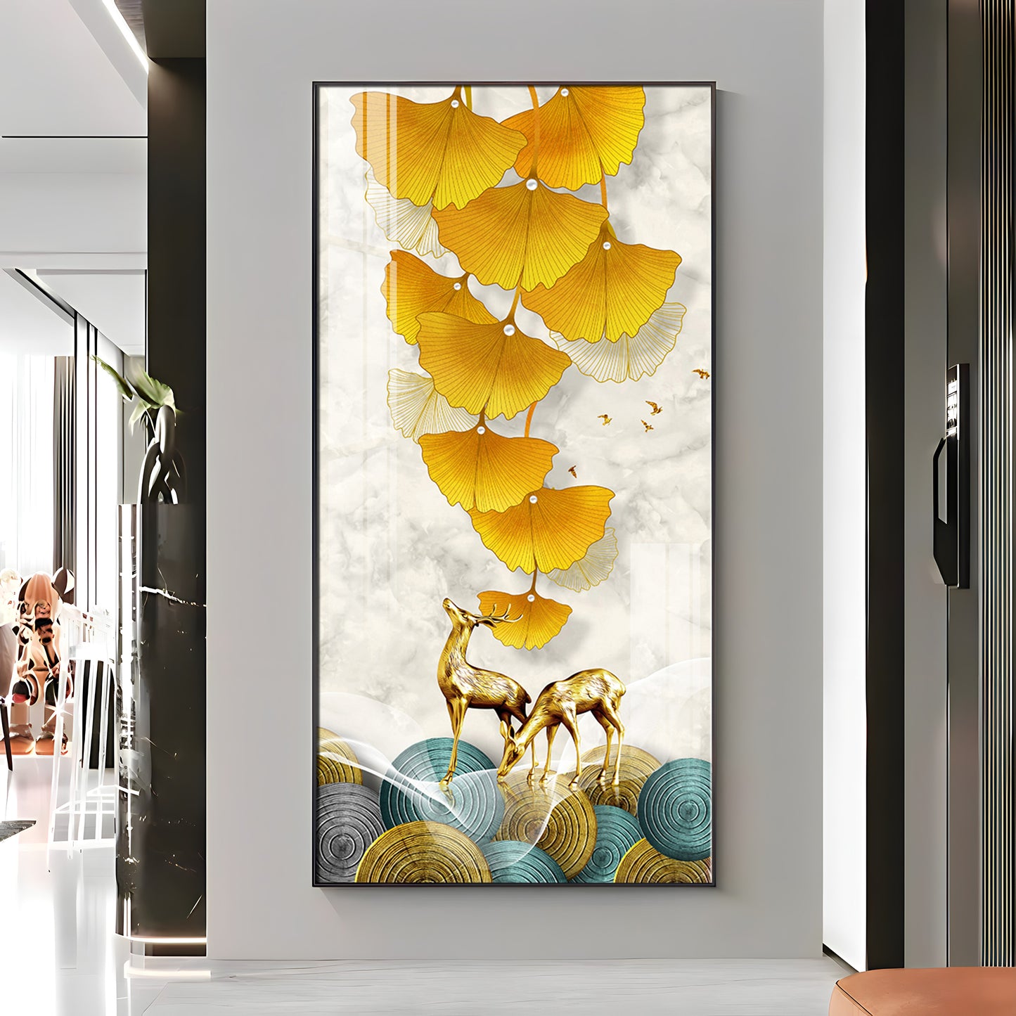 Elk Leaves With Deer Premium Acrylic Vertical Wall Art