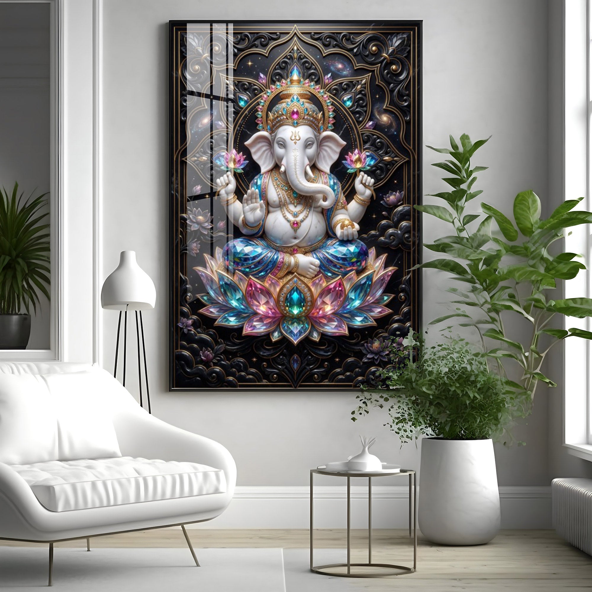 Lord Ganesha Seated On A Lotus Throne Premium Acrylic Vertical Wall Art