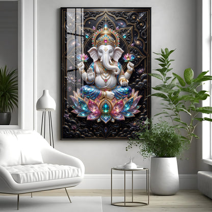 Lord Ganesha Seated On A Lotus Throne Premium Acrylic Vertical Wall Art
