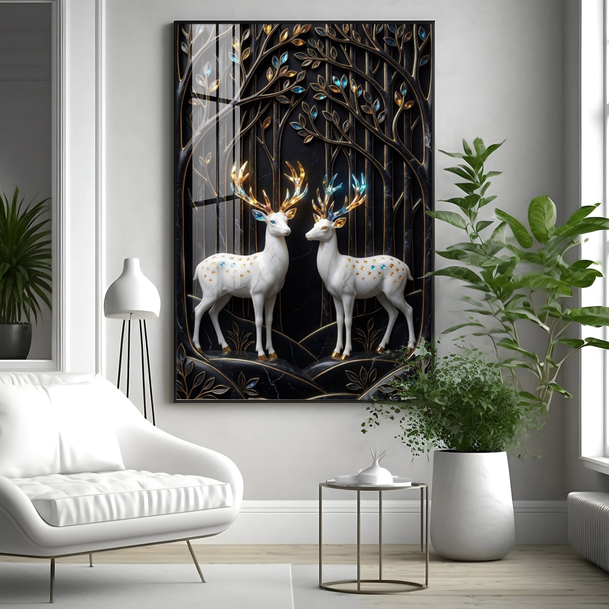White Deers In Nature Premium Acrylic Vertical Wall Art