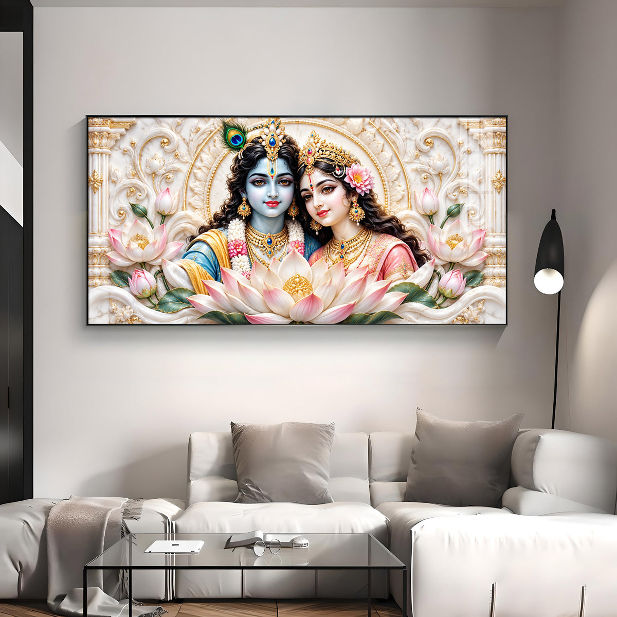 Radha Krishna With Lotus Premium Acrylic Horizontal Wall Art