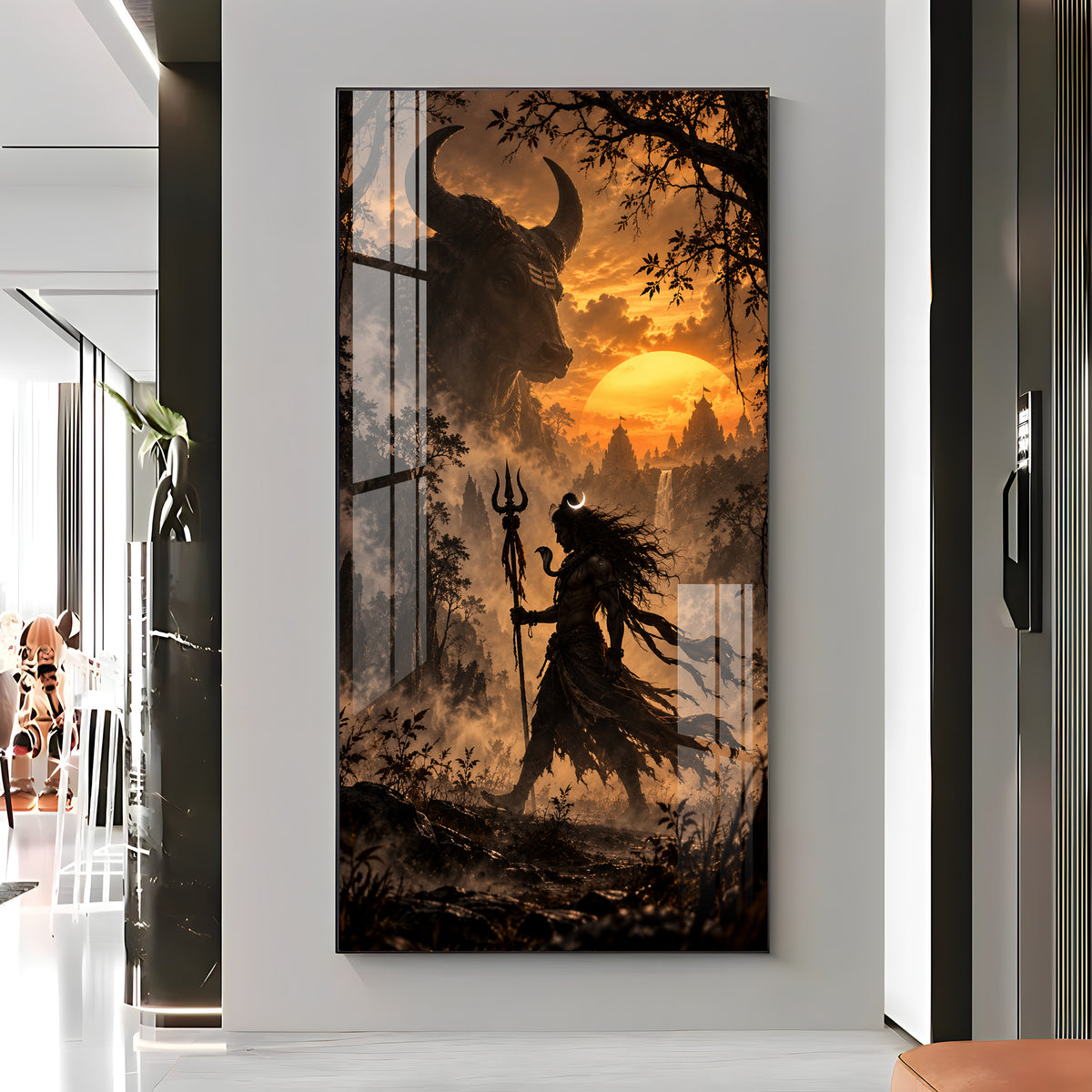 Shiva Walking in Sunset With Nandi Premium Acrylic Vertical Wall Art