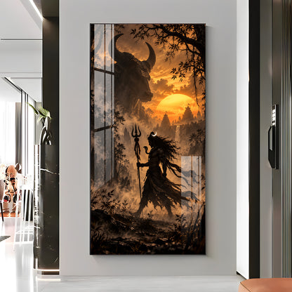 Shiva Walking in Sunset With Nandi Premium Acrylic Vertical Wall Art