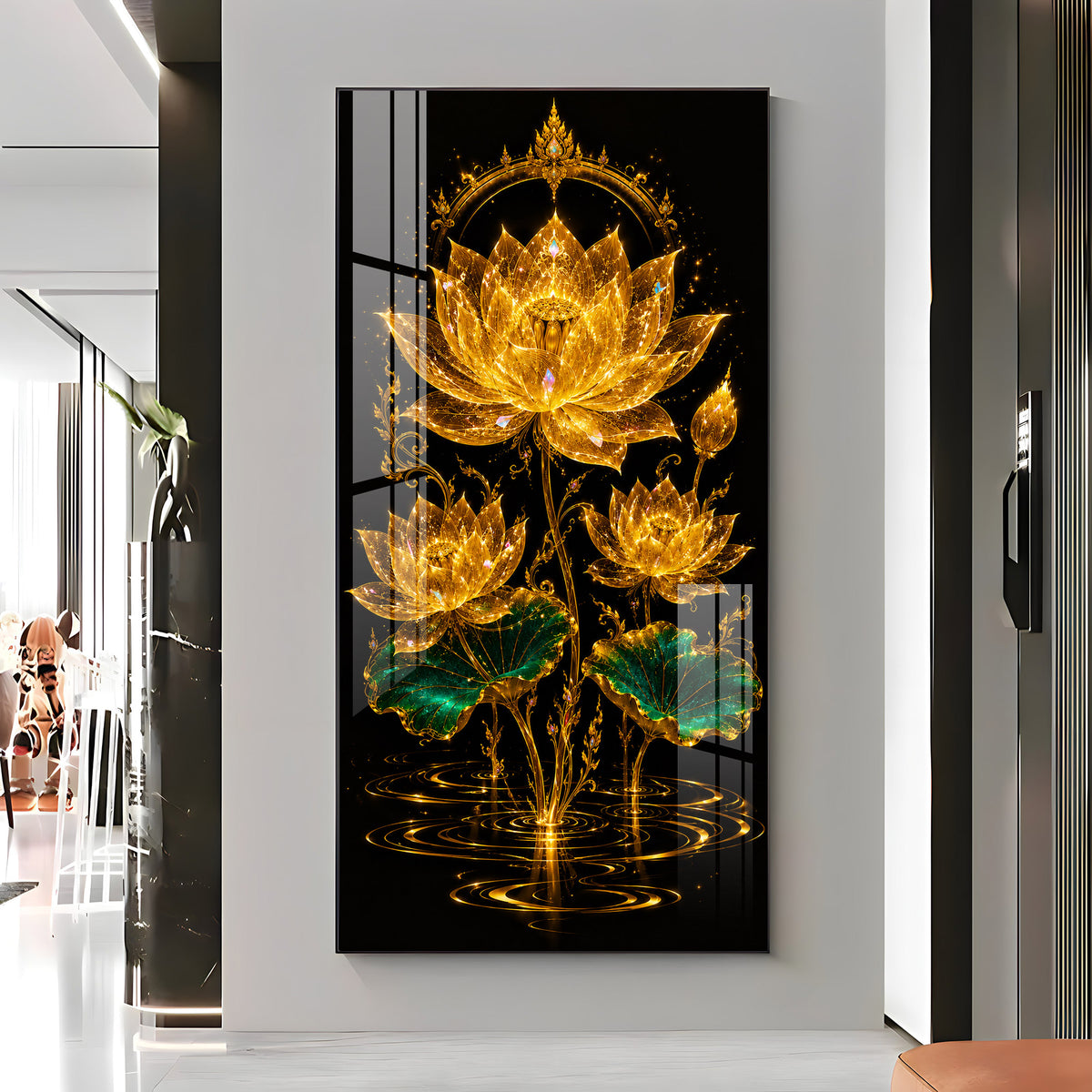 Sacred Golden Lotus Bloom Premium Acrylic Vertical Wall Art