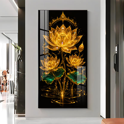 Sacred Golden Lotus Bloom Premium Acrylic Vertical Wall Art
