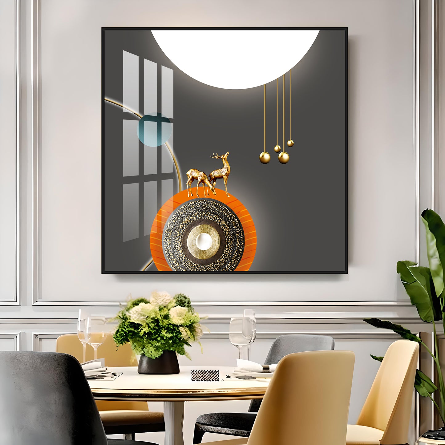 Golden Deer White & Gold Toned Design Premium Acrylic Square Wall Art