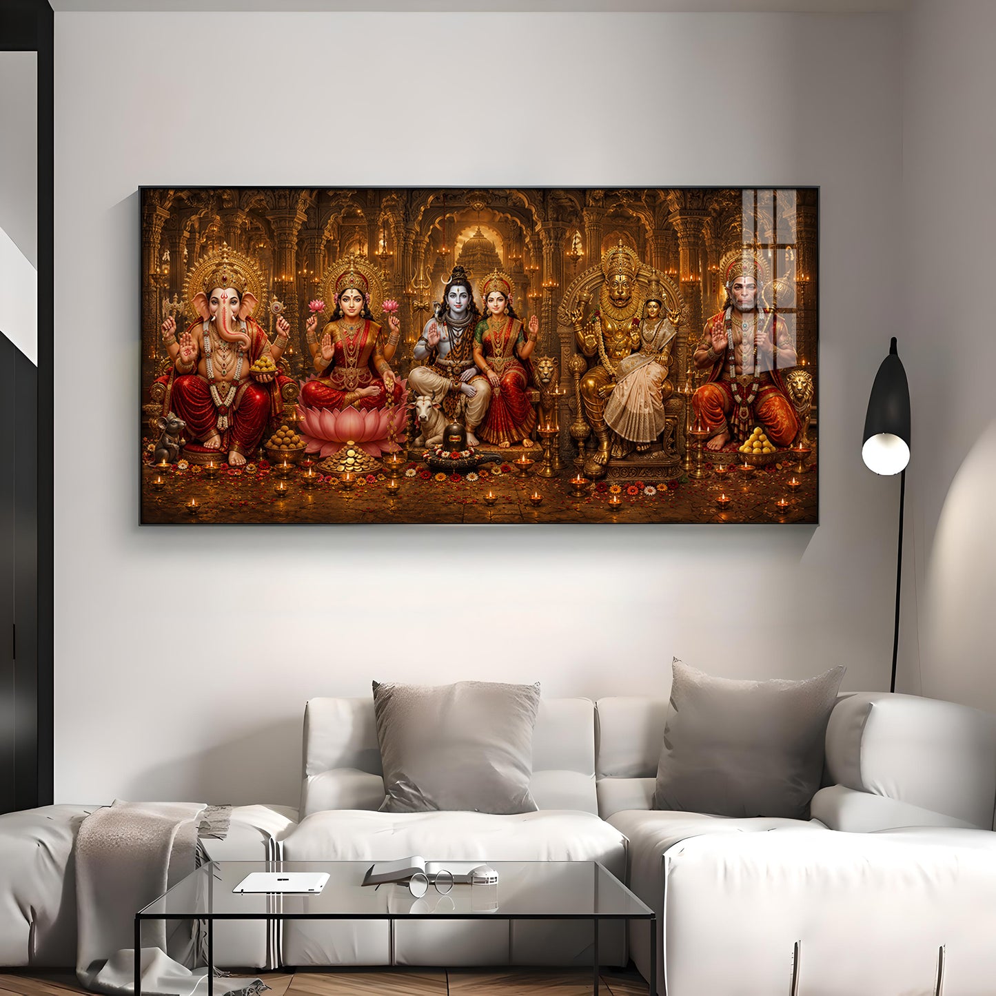 Ganesha, Lakshmi, Shiv Parvati, Narsing Dev,& Hanuman Ji Premium Acrylic Horizontal Wall Art