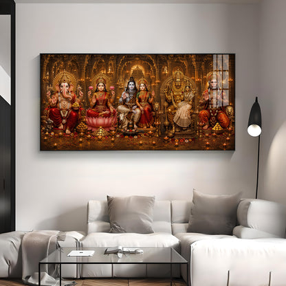 Ganesha, Lakshmi, Shiv Parvati, Narsing Dev,& Hanuman Ji Premium Acrylic Horizontal Wall Art