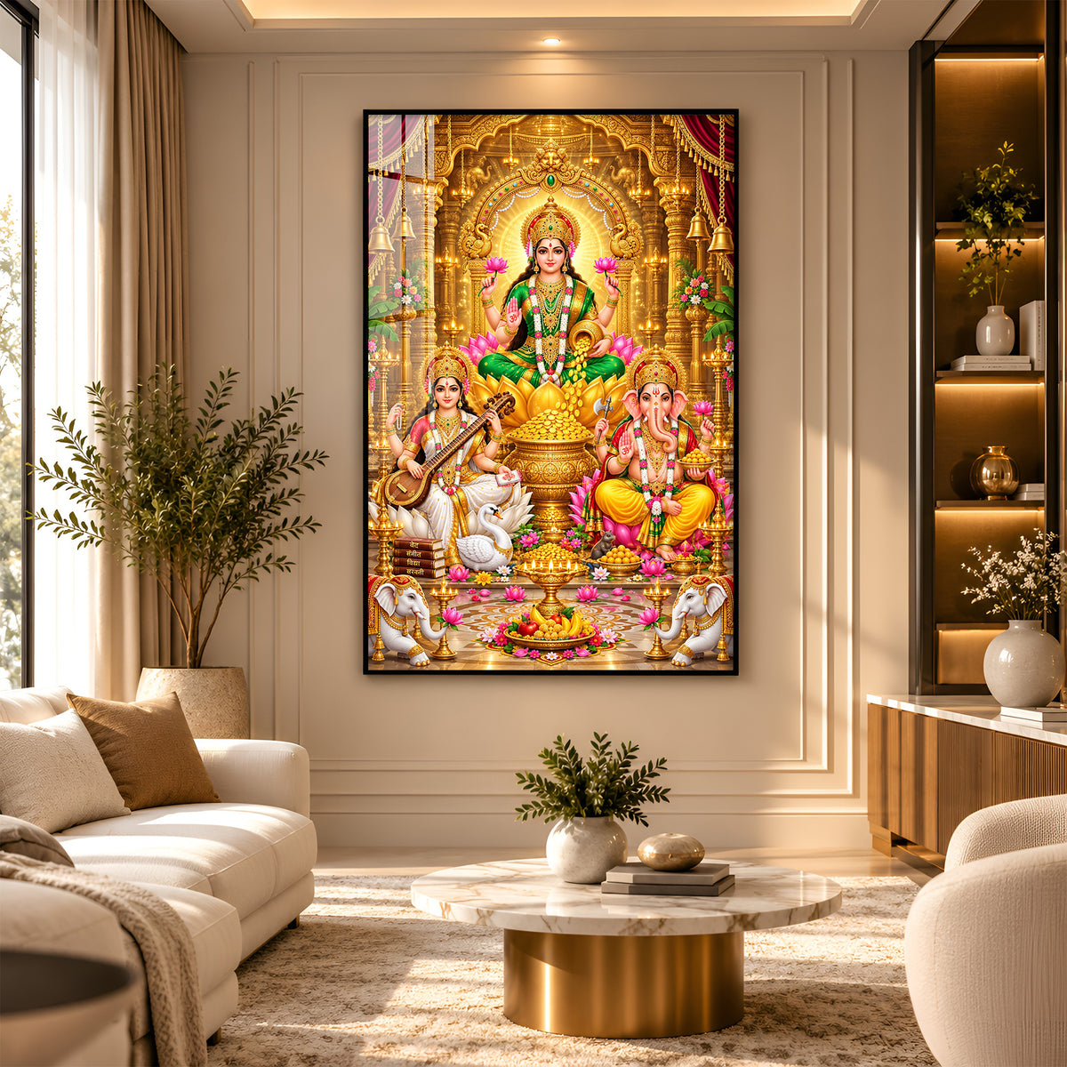 Divine Maa Laxmi, Maa Saraswati & Ganesh Ji Premium Acrylic Vertical Wall Art