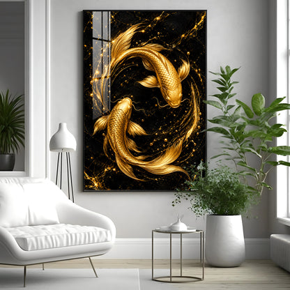 Two Luminous Golden Koi Premium Acrylic Vertical Wall Art